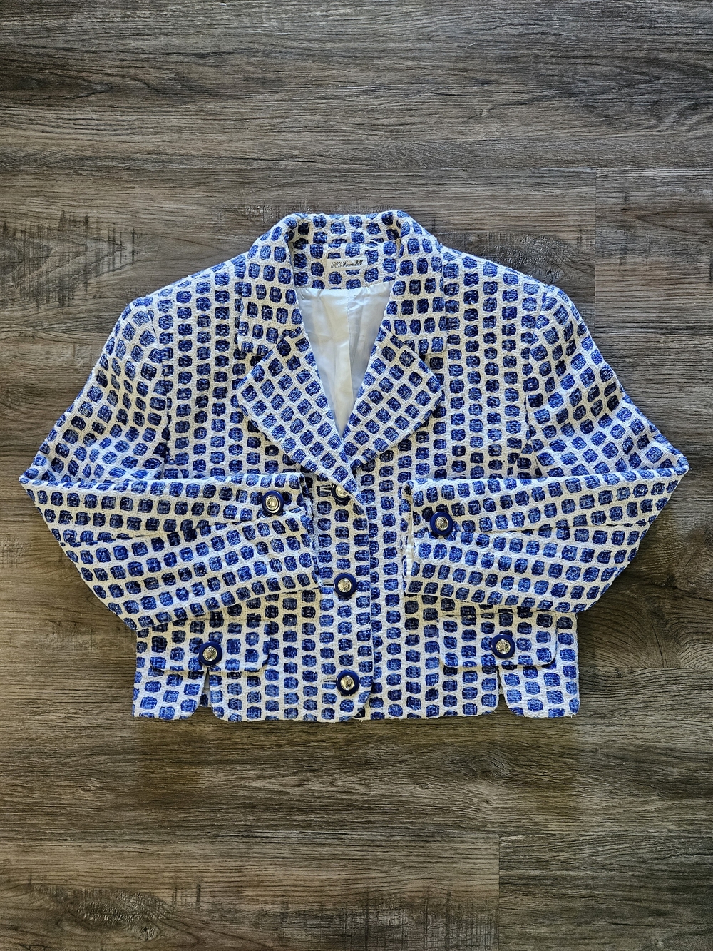 Vintage Doncaster Silks Royal Blue & White 100% Woven Silk Cropped Blazer
